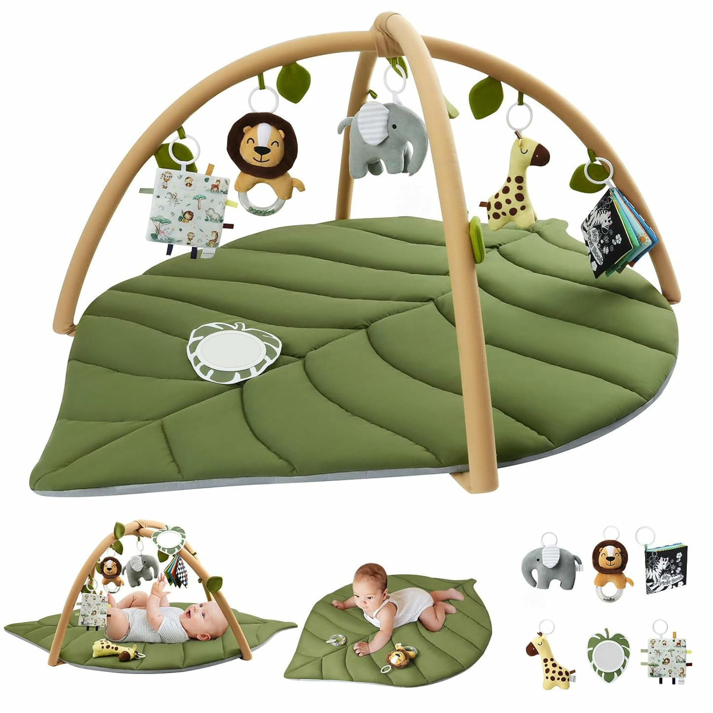 Baby Play Gym & Activity Mat, Oversize Leaf Shaped Baby Play Mat w 6 Detachable Toys