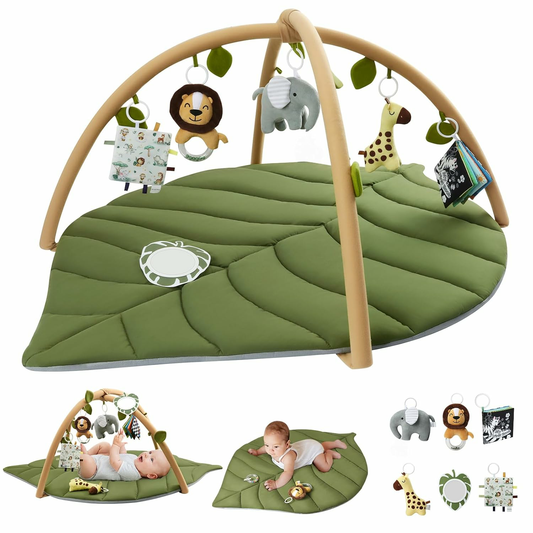 Baby Play Gym & Activity Mat, Oversize Leaf Shaped Baby Play Mat w 6 Detachable Toys