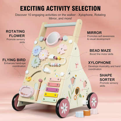 Wooden Baby Walker, Baby Push Walker, Push Walker Toys for Babies Learning to Walk & Sit-to-Stand