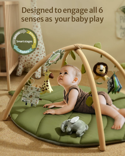 Baby Play Gym & Activity Mat, Oversize Leaf Shaped Baby Play Mat w 6 Detachable Toys