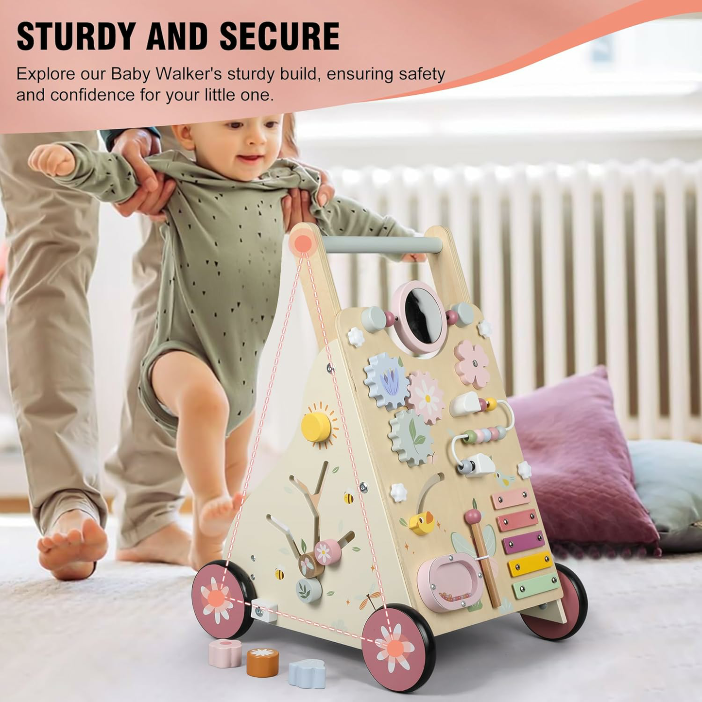 Wooden Baby Walker, Baby Push Walker, Push Walker Toys for Babies Learning to Walk & Sit-to-Stand