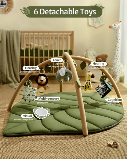Baby Play Gym & Activity Mat, Oversize Leaf Shaped Baby Play Mat w 6 Detachable Toys
