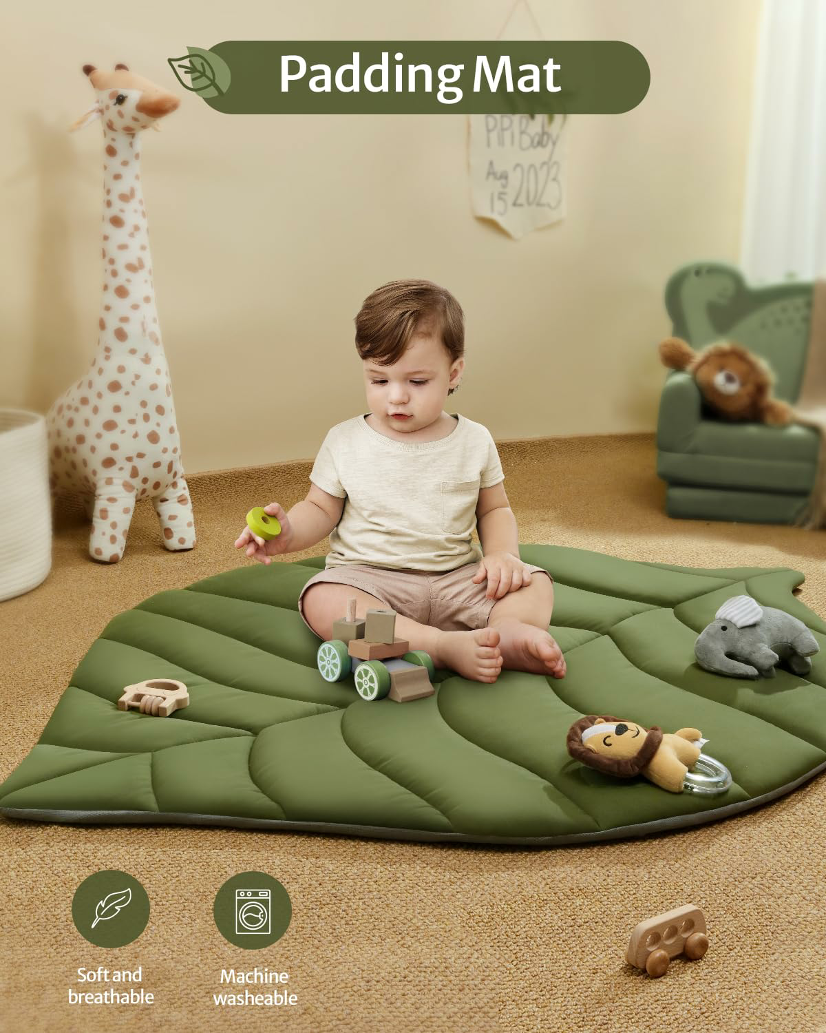 Baby Play Gym & Activity Mat, Oversize Leaf Shaped Baby Play Mat w 6 Detachable Toys